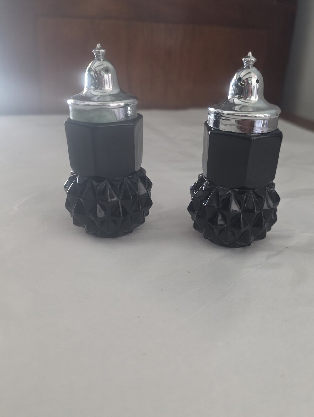 The Vintage Black Tiara Indiana Glass Diamond Point Salt & Pepper Shakers